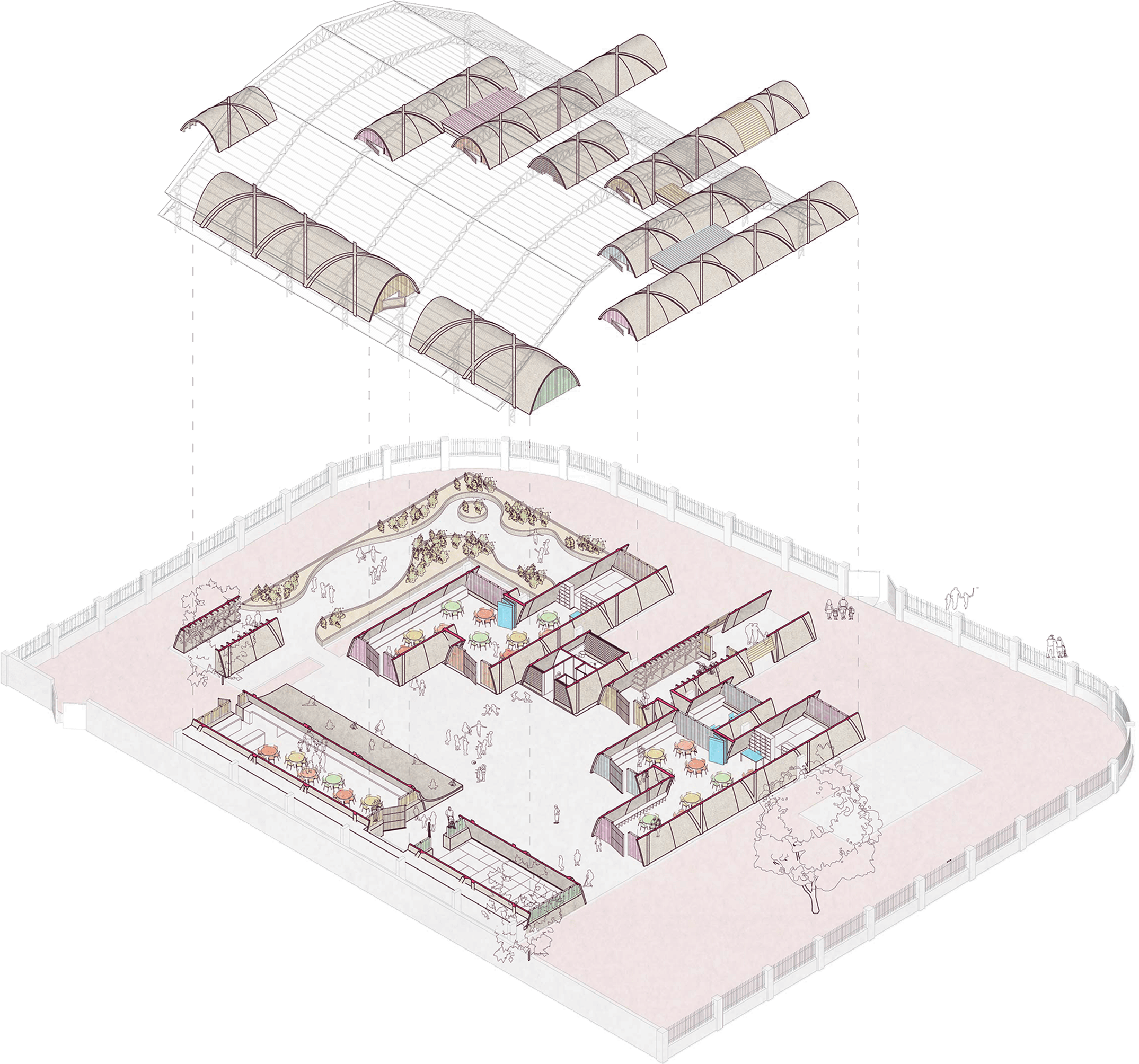 2019 - Réhabilitation d'une école maternelle - ruines, arcs en bois utilisés comme coffrages mobiles, système de construction, briques et béton existants, recyclage et réutilisation des éléments démolis