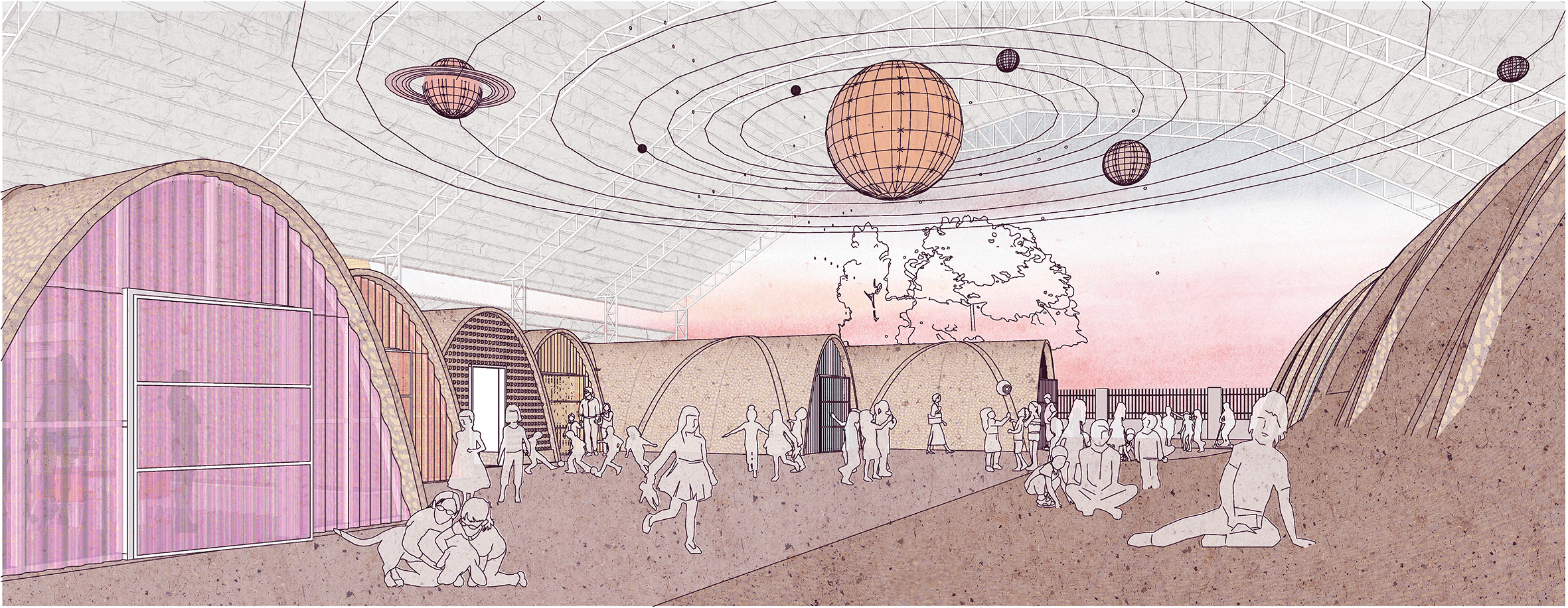 2019 - Réhabilitation d'une école maternelle - ruines, arcs en bois utilisés comme coffrages mobiles, système de construction, briques et béton existants, recyclage et réutilisation des éléments démolis