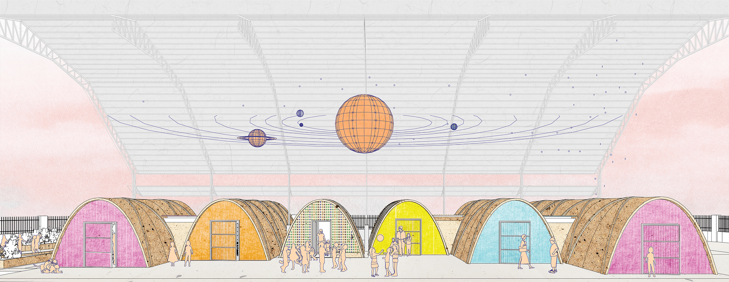 2019 - Réhabilitation d'une école maternelle - ruines, arcs en bois utilisés comme coffrages mobiles, système de construction, briques et béton existants, recyclage et réutilisation des éléments démolis