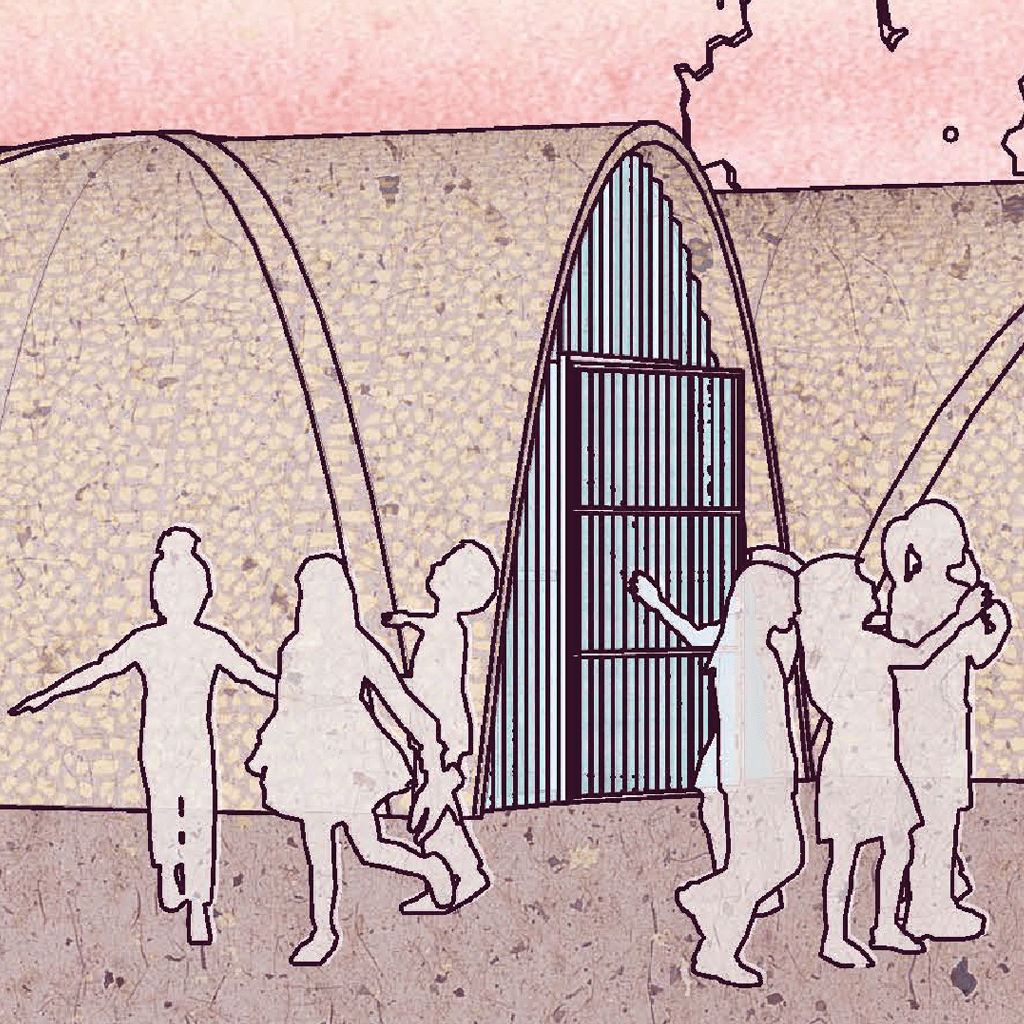 2019 - Réhabilitation d'une école maternelle - ruines, arcs en bois utilisés comme coffrages mobiles, système de construction, briques et béton existants, recyclage et réutilisation des éléments démolis