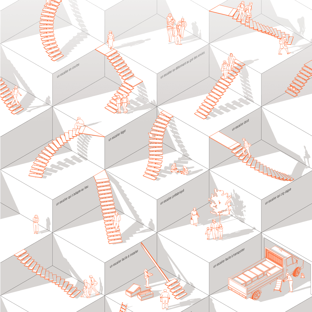 2019 - escalier circulation vertical adaptatif - limon central, béton, tirants acier, préfabriqué, adaptable, coopération efforts, effort conjoint, soutien mutuel, totalité structurelle