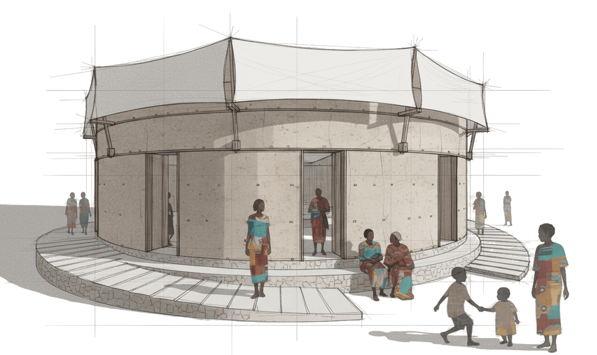 2020 - maison des femmes, équipement public - émancipation, genre, terre compactée, latérite, couverture textile, cylindrique - circulation et déplacements comme manifestation, preuve évolution, formation et d'une indépendance, égalité et inclusion des genres