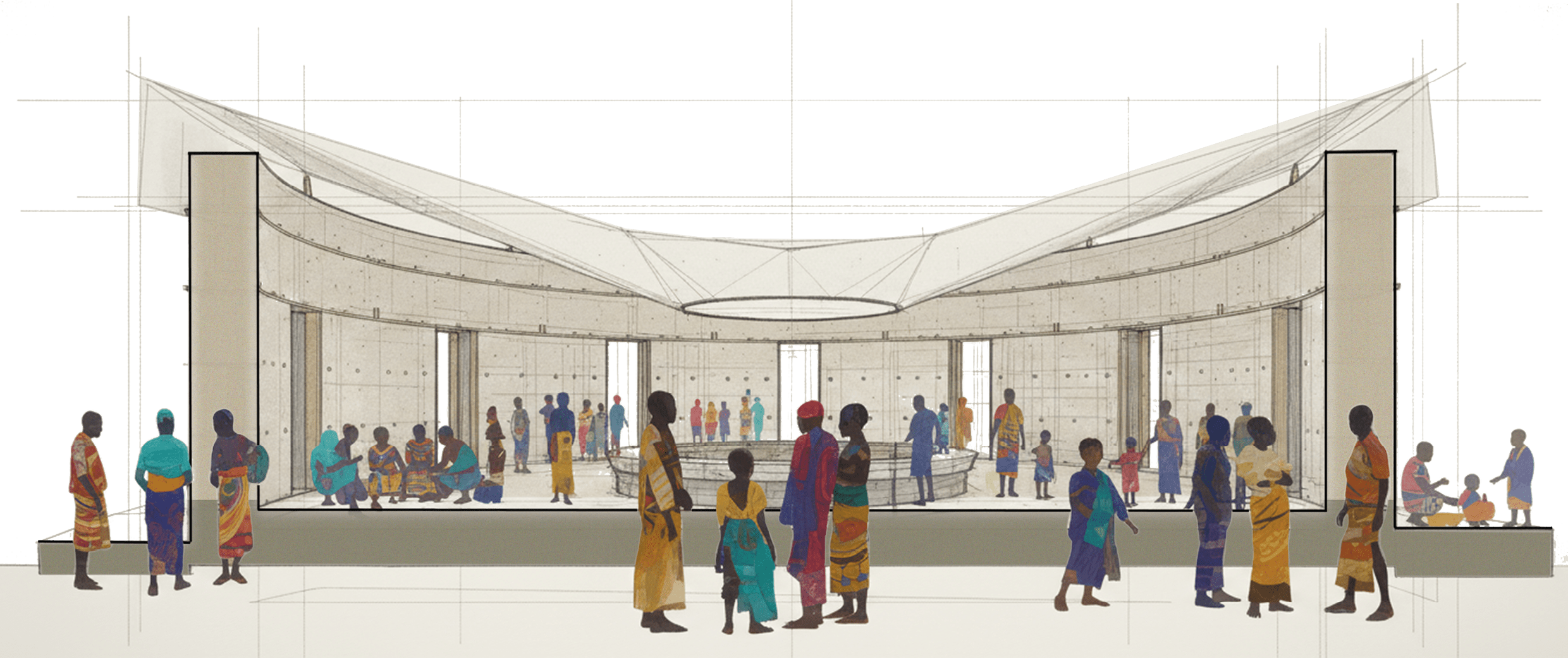 2020 - maison des femmes, équipement public - émancipation, genre, terre compactée, latérite, couverture textile, cylindrique - circulation et déplacements comme manifestation, preuve évolution, formation et d'une indépendance, égalité et inclusion des genres