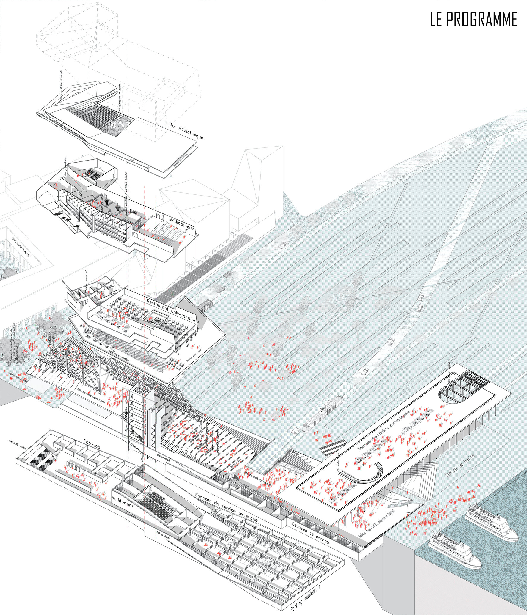 2017 - Requalification Urbaine entre Le Port et La Ville, interface poreuse - station ferries, médiathèque - porosité, infrastructure éducative, Composer avec les flux de la ville, espace public