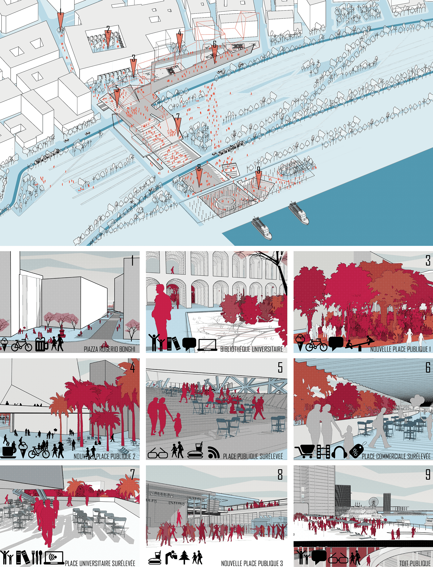 2017 - Requalification Urbaine entre Le Port et La Ville, interface poreuse - station ferries, médiathèque - porosité, infrastructure éducative, Composer avec les flux de la ville, espace public